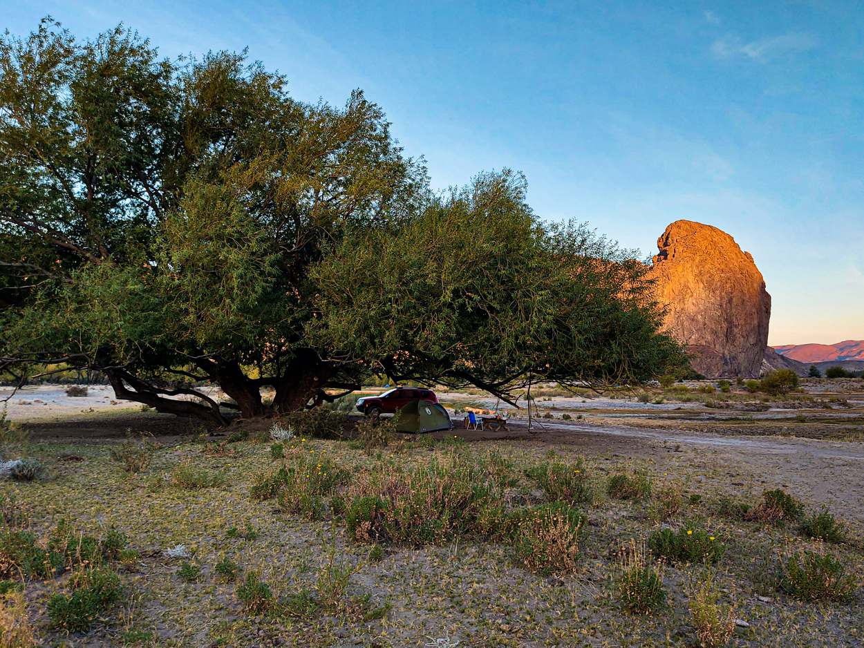 Campamento bajo un árbol al atardecer, con un gran monolito de roca iluminado al fondo